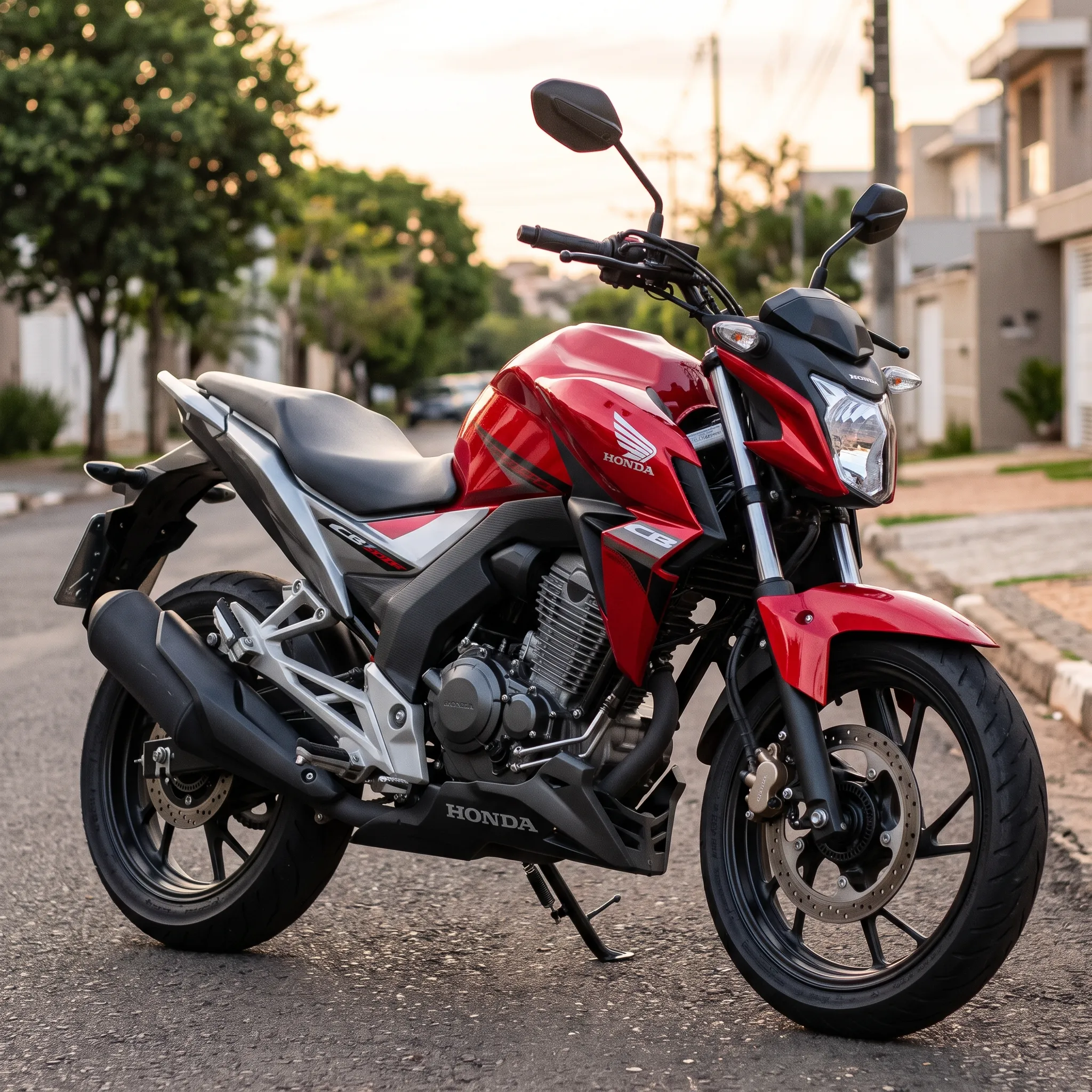Moto Honda vermelha estacionada na rua